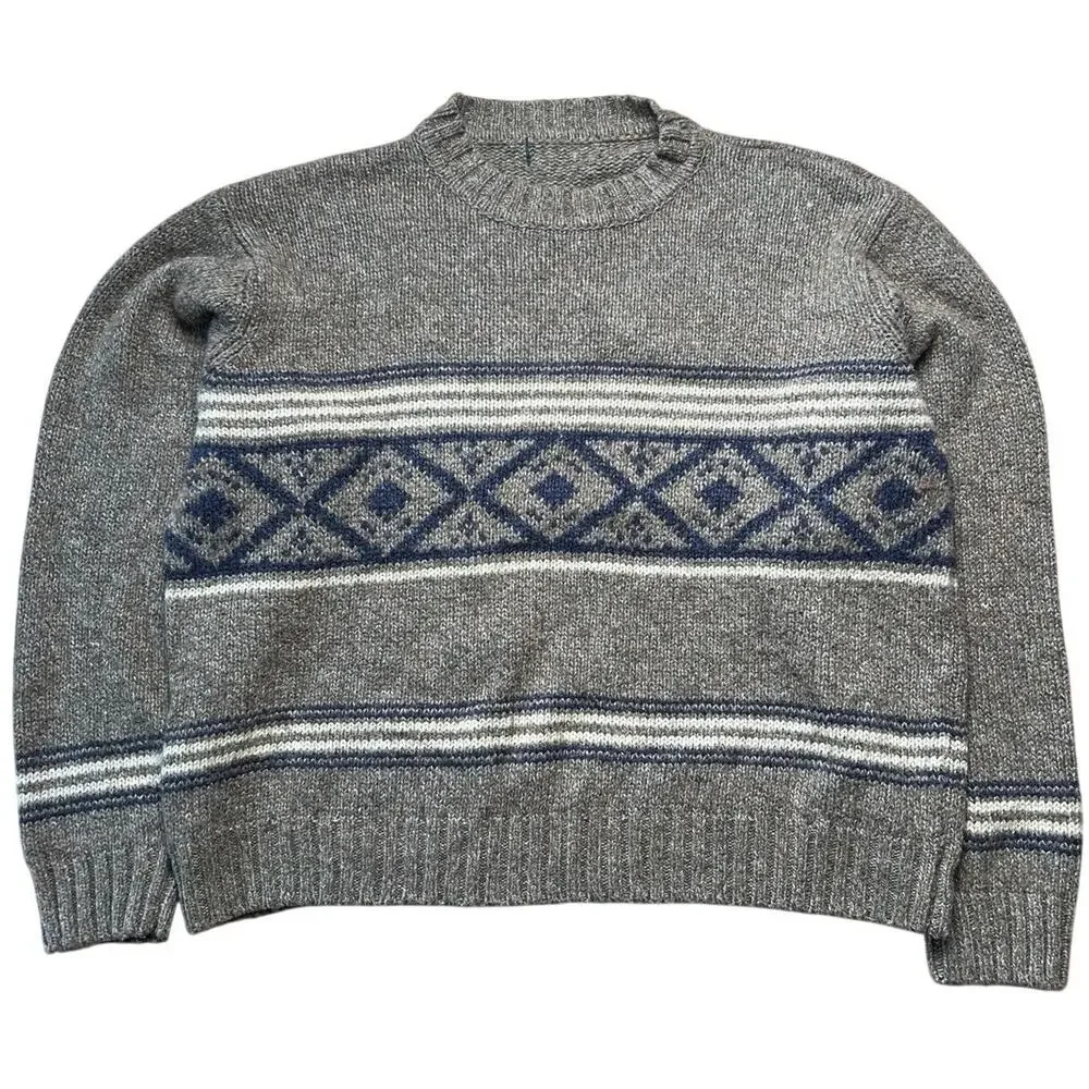Eddie Bauer Snowflake Sweater Mens XL Grey Cotton Knit Striped Pullover